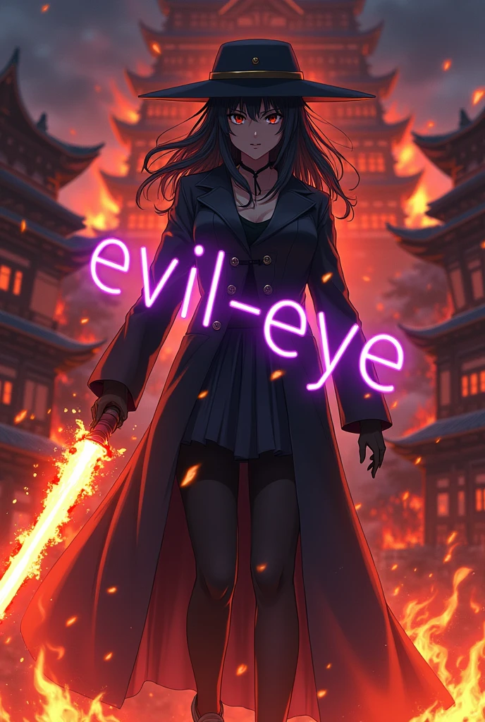 Female anime wearing a long black jacket, wearing a war general's hat, holding a fiery katana, with the words "Evil-Eye" burning purple, wearing a mask, the atmosphere in the Japanese castle is on fire, full of aura