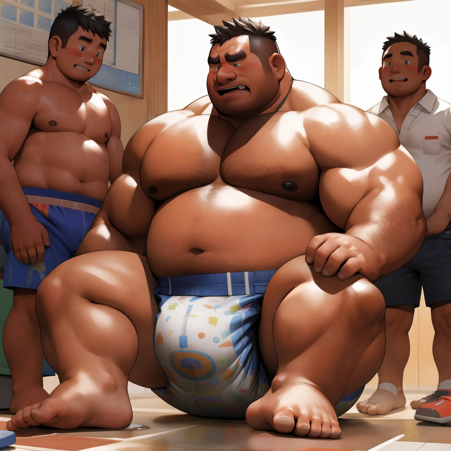 masterpiece, Top quality, in 32K, perfect anatomy, hyper detailed, super fine illustration, The thick man is a brutal retarded prisoner, hairy human, 50yo in Japan, (fatness: 1.0), Fatty muscle, Bowleg, disappointment, incontinent, shy, sissy, Weaker than children, Drool, Round face, be diaper check by children, waddle, There is a small puddle under him, incontinent, Bowleg, spread legs, wear a White cloth Diaper, Bare belly, Bare legs, Bare foots, Bare soles, Shirtless, wide forehead and short thinning hair, Man with round face with stubble, Bare foots, Bare soles, He enters nursery school and is despised by children, He surrounded by children, His bottom is wet, Bare foots, big butt, he is scolded by the children, White Diaper, He surrounded by children, sobbing, wear a White cloth Diaper, shirtless, There is a small puddle under him, big butt, sobbing, He is forced to stand in front of children, side view