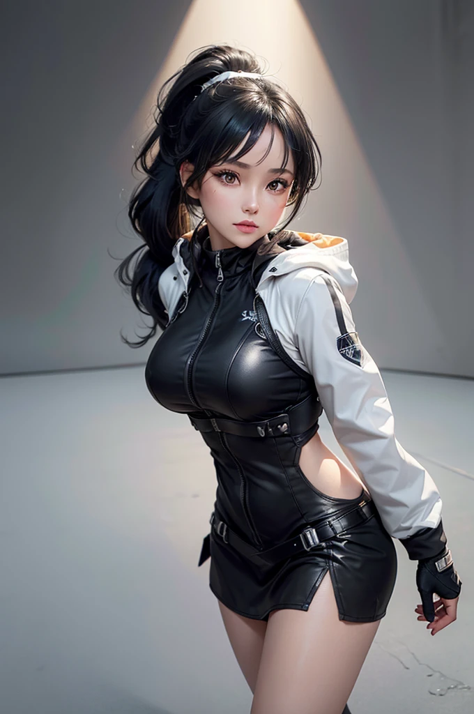 Eve, stellar blade, 8k,highres, 1girl, front lighting, simple background, gray background, looking at the viewer, jacket, bodysuit, black hair and dark black hair, fringe, hair tied in ponytail style, video game, heels, ps5, gloves, ass, boobs, honey colored eyes, white skin,