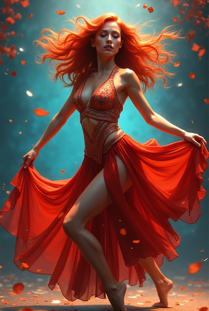 A Red hair dancer with beauty that radiates vitality amidst a kaleidoscope of colors as she strikes a dynamic dance pose, her Timbalada-inspired body art coming alive with every stroke of the brush. no blemished light flawless skin, while vibrant hues and clever use of light and shadow dance across the canvas, capturing the essence of this stunning woman over mere physical form., retina, accurate, masterpiece, super detail, high details, best quality, award winning, highres, HD, 4K, 8k, 16k, retina, accurate, masterpiece, anatomically correct, textured skin, super detail, high quality, award winning, highres, 8k, 16k