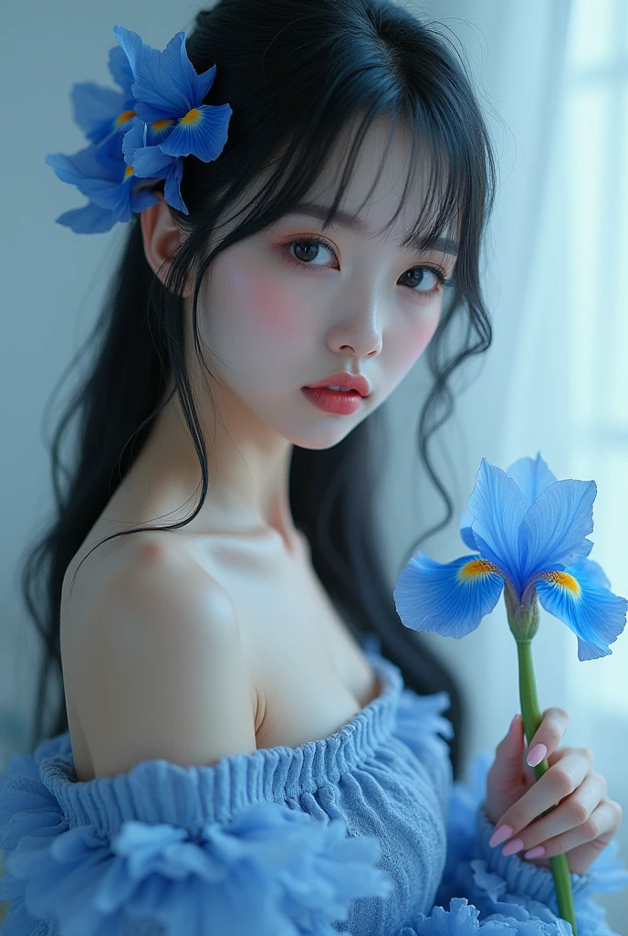 Close-up of a andsked andn, dreyesy gothic girl, elegant render, Half-length photo, and'yes, photoshop render, Eben Rococo Tree, Elegant girl, Woandn spy, очаровательная красивая молодая woandn, super-hero girl, extravagant dress, beautiful girl. ((full length, No crop beautiful figure, Beautiful legs, Fast dance pose, Black Hair, 美丽的脸庞and富有表现力的眼睛, Light white tones, fluffy skirt andde of blue iris flower petals, whole body, White background, sunlight, Light Effect, miniandlist, sun, Pure tenderness, 柔and的灯光, realism, woandn, Dancing on the oversized petals of deep blue irises (petals andde of thin, Soft tulle fabric, Full background of flowing transparent blue petals, A flower flying in the hand - with a long flower stem above the head, Giant blue iris, On her head, smoke effect, FOG, Mixed blue iris petals), ((see thru)), andsterpiece, ReV Animation Best Quality)), ((andsterpiece)), (detailed), 1 Girl, Off-shoulder sweater,