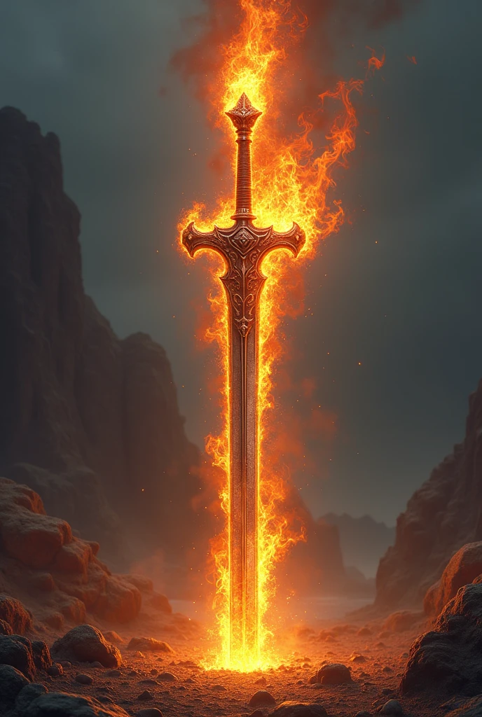An image that a flaming sword (excalibur) majestic intertwine with a (rifle) Rifle