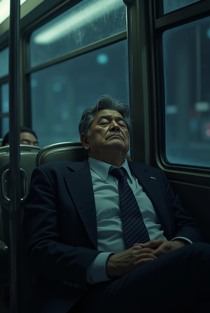 A realistic scene of a middle-aged Japanese man who appears drunk, sleeping on a seat, with a tired and disheveled appearance. He is dressed in slightly rumpled, modern business attire, with the setting being indoors, such as a public transportation seat.In the midnight. Avoid cartoonish, anime style, illustration, drawing, 2D art, and cell-shaded looks.