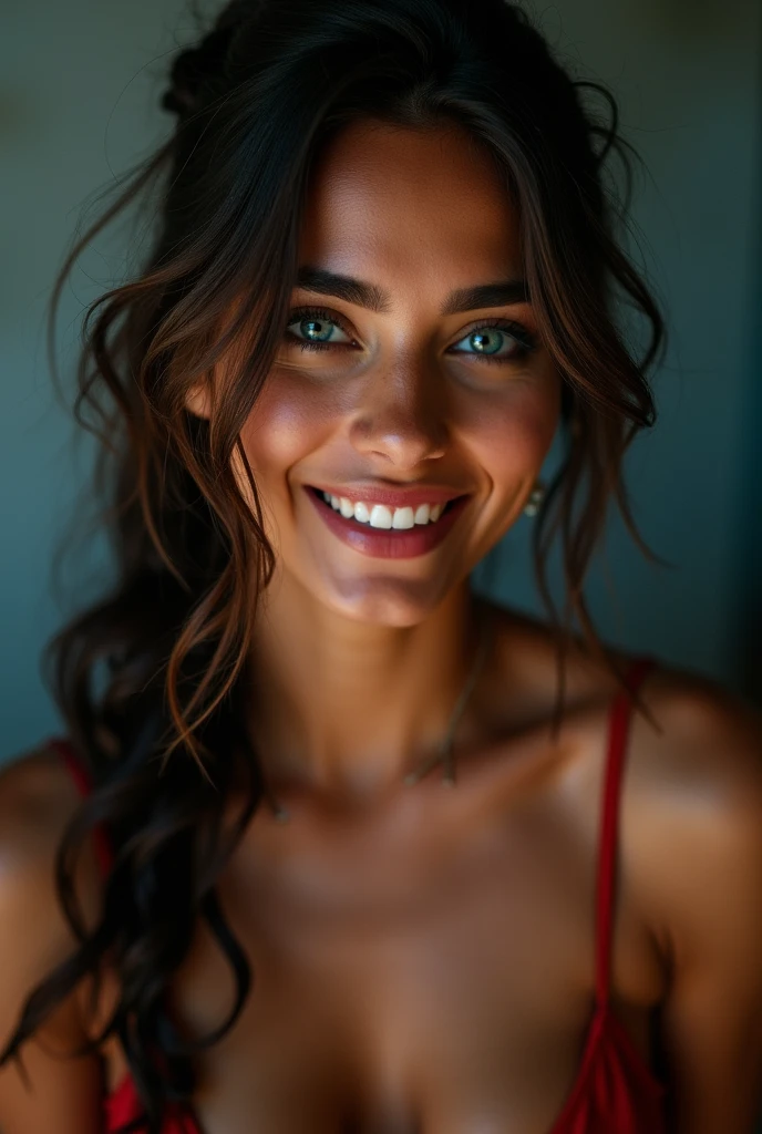 (Brazilian, 20 years old, Alessandra Lopez), blue eyes, long dark brown hair, full lips, smiling with teeth, Seductive, Portrait, realistic, high resolution, (vivid colors: 1.1), (Ultra-detailed: 1.2), (studio lighting: 1.1), (sharp focus: 1.1), sexy, nude, full breasts, lighting and mysterious, looking scared but playful. Hairstyle: Twisted half updo.