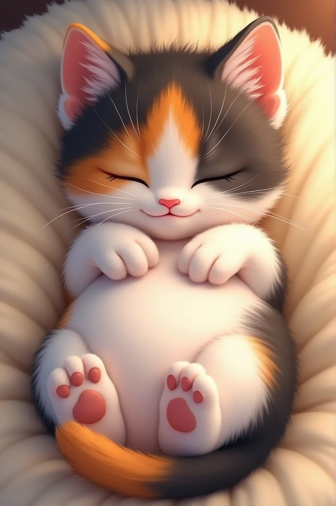 A tricolor kitten sleeping and showing you her tummy 