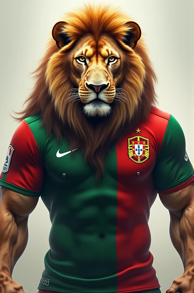 I want an image of a strong lion full of determination thirsty for victory with the Portuguese Fc shirt Full of resentment