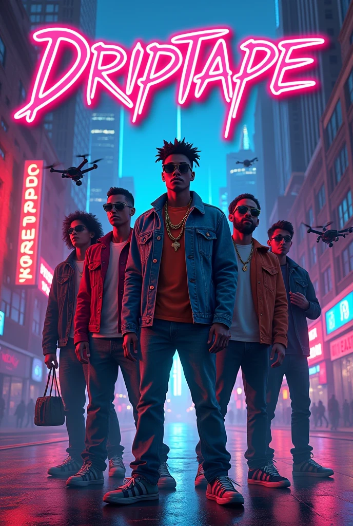 Design a 3d book cover fort the book dripetape. Book cover for Driptape:
A neon-lit cityscape with 90s-style graffiti adorns the background. In the foreground, a group of friends from the 90s East Oakland dope boy era pose confidently, surrounded by futuristic gadgets and lush greenery. The leader, dressed in a bold gold chain and oversized denim jacket, holds a bag full of stolen cannabis like a trophy. His crew, sporting retro-style sunglasses and chunky sneakers, stand shoulder-to-shoulder behind him.
The city's towering skyscrapers are adorned with holographic advertisements and surveillance drones hover above, casting an air of paranoia. The group's adventure is captured in a split-second snapshot: they're on the run from the Grey State Nation's authorities, with surveillance drones chasing them down the street. In the distance, the imposing Ice Wall looms, symbolizing their next adventure.
In the top-left corner, the title Driptape is emblazoned in bold, graffiti-style letters, while the tagline High-stakes, high-tech, and higher than the rest appears below. The cover art blends futuristic and retro elements, reflecting the story's unique blend of cannabis culture, technological advancements, and 90s nostalgia.