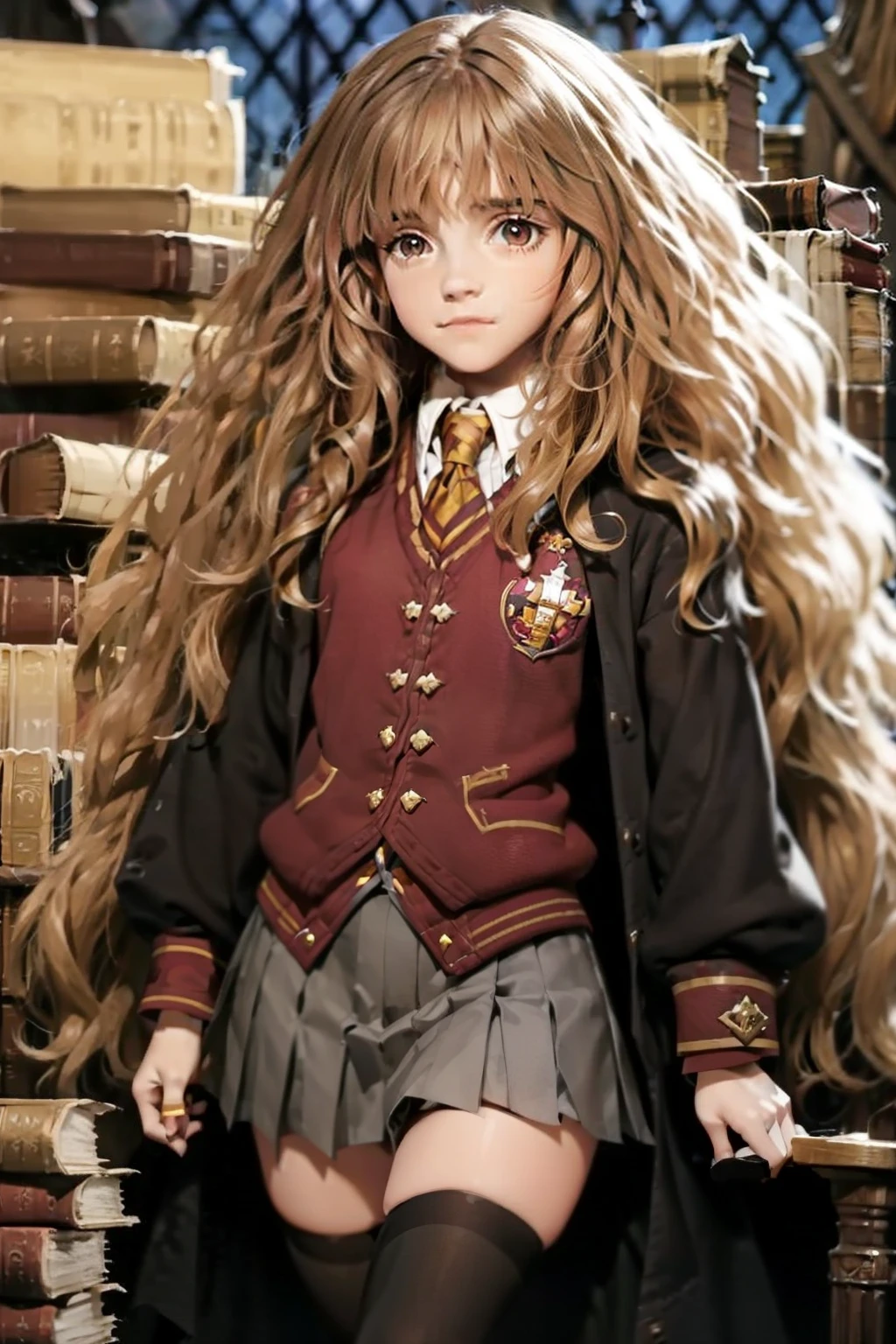 Ultra detailed  , Hermione  grange,  long hair ,  eyes , flat chest ,  hogworts uniform  , jacket aberta  , mini-skirt,  ribbed thighhighs . Library 