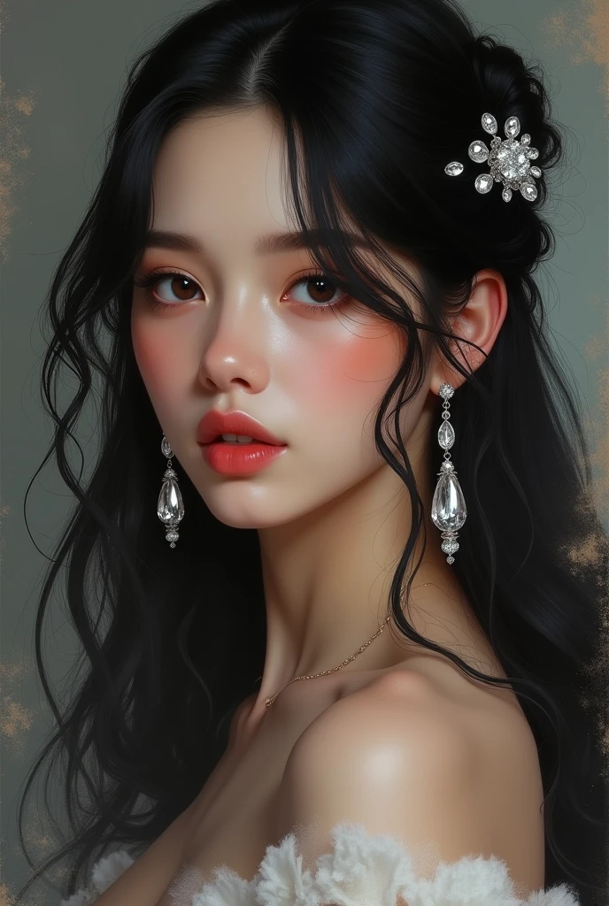 Long hair, blush, , black hair, hair ornament, Closed mouth, earrings, tender, big breasts, earrings de cristal, highly strung,