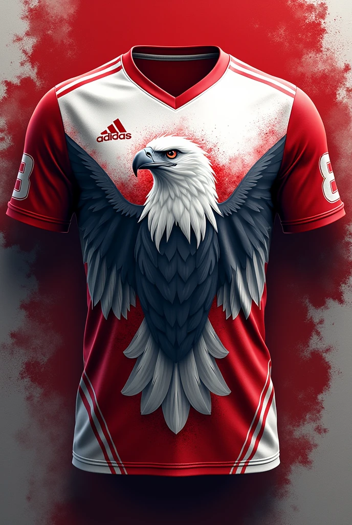 Generate a sports jersey with a large, fierce eagle design on the front, using sharp and detailed feather strokes in shades of white and gray. The eagle should be the main focus, placed against a rich red and white backdrop. The jersey should red and white color feature a simple V-neck collar and red sleeves. Add a small red and white flag badge-like emblem above the eagle's head on the left side."