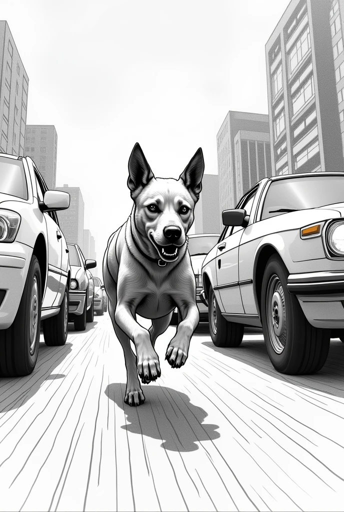a drawing of a dog running between cars