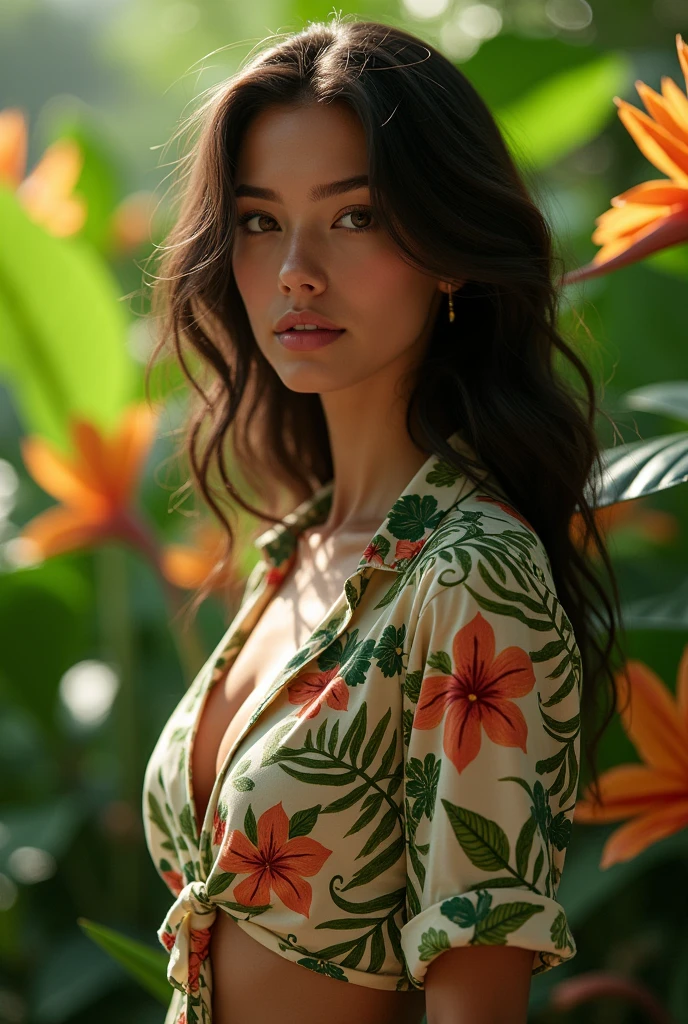 A  Brazilian nymphet in a lush tropical garden, wearing an open shirt with a floral print, with a close-up capturing the harmonious beauty between her breasts and the natural flowers, showing off your natural charm and outgoing personality.