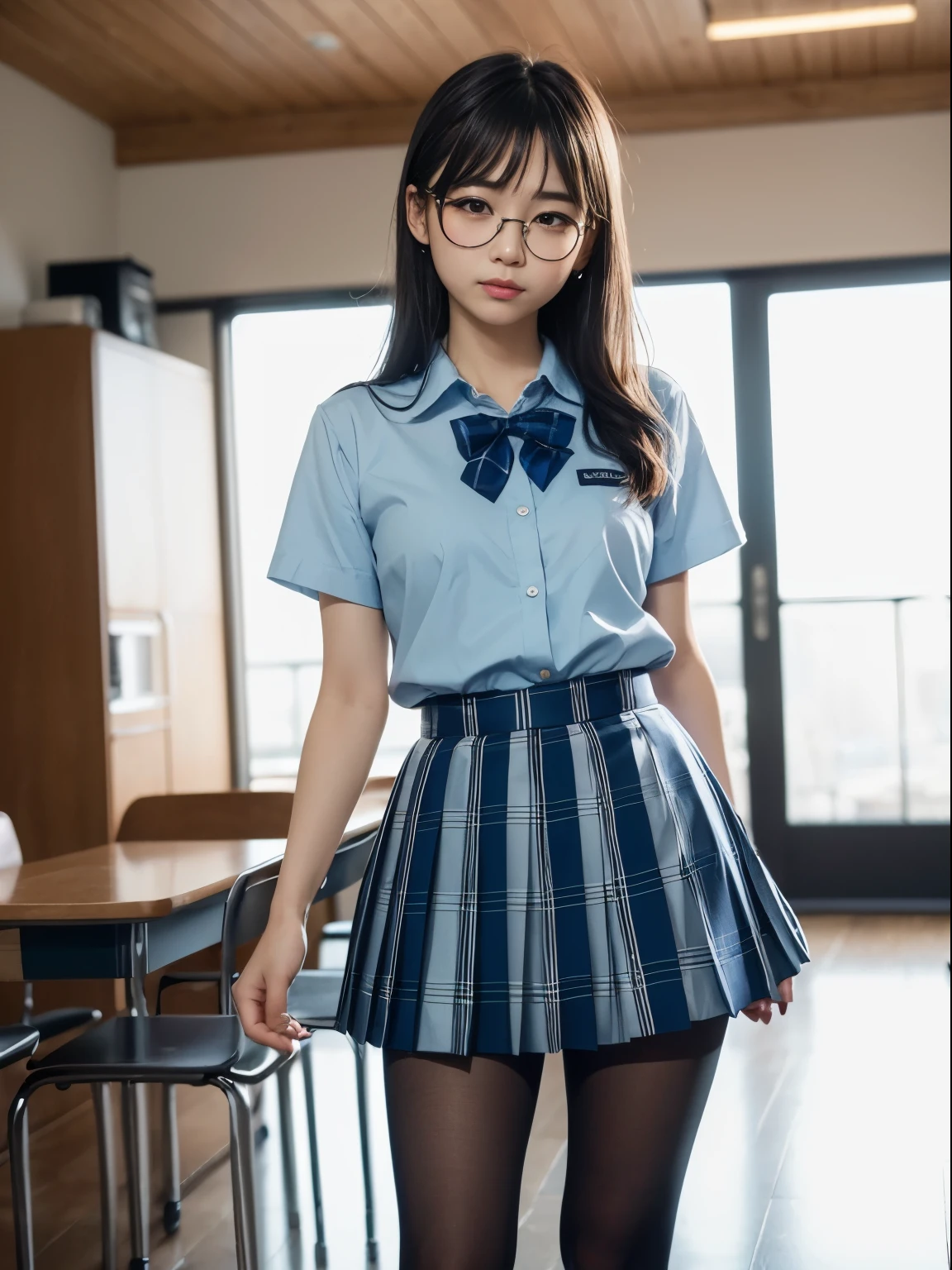 (8k、生photograph、 Highest quality、masterpiece:1.mall eyes)、((Black Panty)、((Small breasts)、(reasts)、(Small b、(Cutting board)an eye))、((Sleepy eyes))、((Squint your eyes))、(Round Glasses)、Droopy eyes、One person、cute、JK、high school girl、Japanese women、(Are standing)、(PhotoReactive:1.37)、Photon Mapping、Real、(Very delicate face)、round face、cute小さな顔、Brown eyes、(Red bow tie)、Radio City、Physically Based Rendering、Prospect、Character boundary depth、Blurred Background、photograph、、body、Beautiful feet、Long legs、Thin legs、(前hairが見える)、hair、lips、Blue_The目、Soft Nose、(Light blue shirt)、(Navy, blue and white plaid pleated skirt)、High school uniforms、See-through clothing、Thighs、black cotton socks、Nogizaka Idol、Japanese Idol
