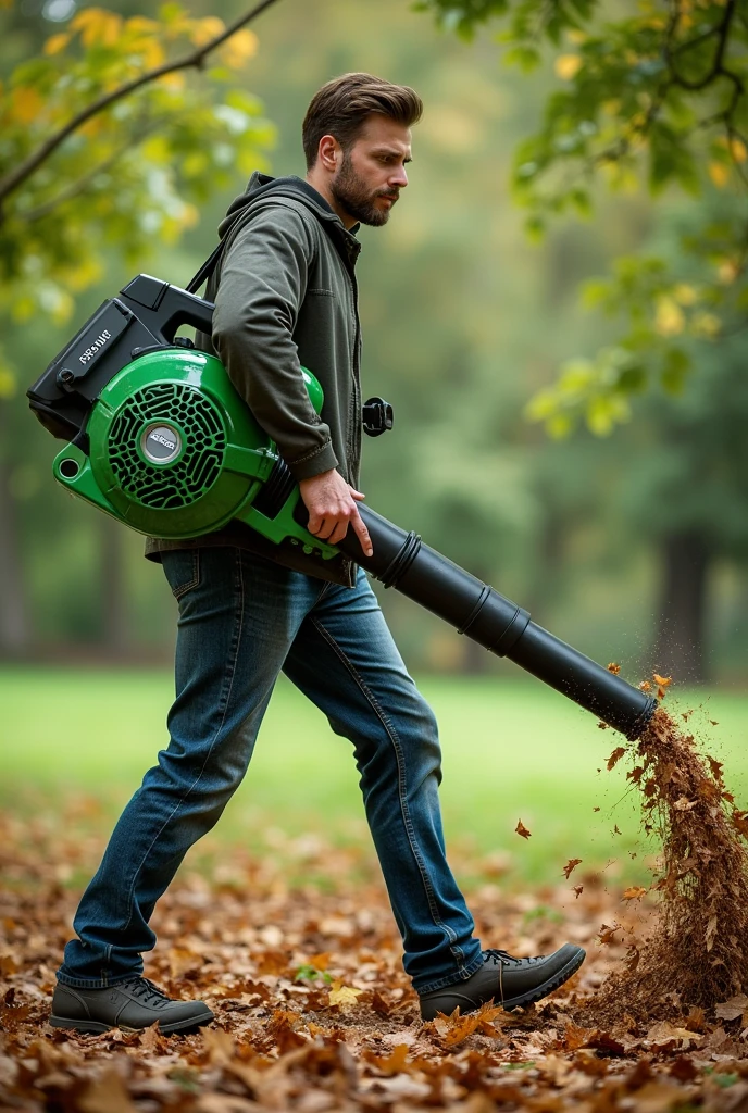 Man with a blower PARKSIDE Electric leaf blower / lövsugare 2200 w green 