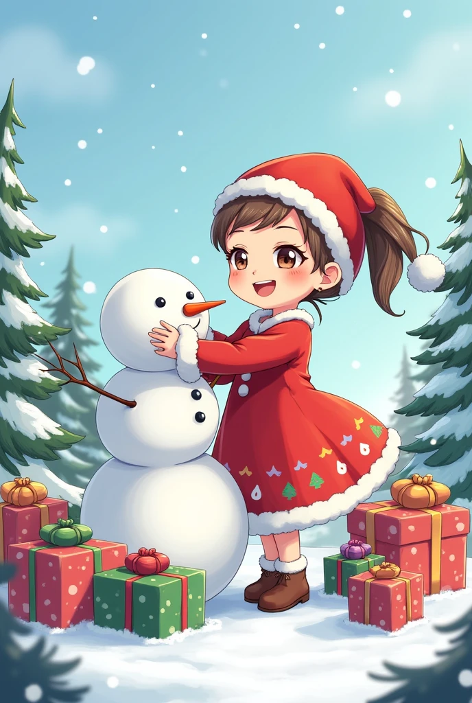 Happy girl wearing Christmas dress playing with snowman and inside are Christmas gifts drawn with simple line art and high resolution colorful illustration