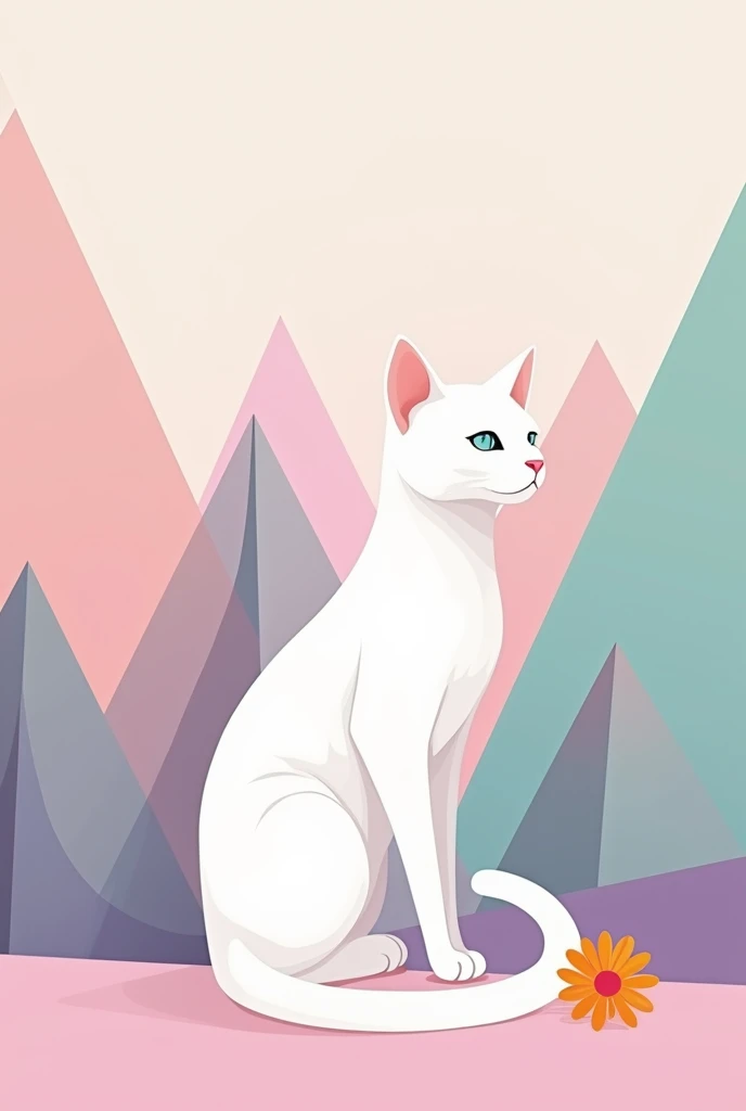 2d geometric art , of a white cat sitting with a flower on its tail in a geometric pointed glass landscape with pastel colors