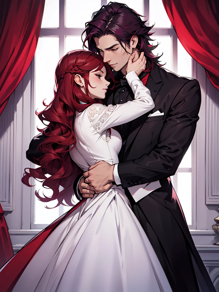 1 guy with short red hair, in a classic black and white suit, hugs 1 girl with long purple hair, red ball gown, decorations, dynamics, Love
