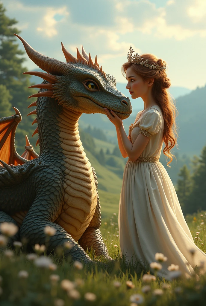 Create a landscape where there is a dragon and a princess with honey brown hair, that the dragon and the princess are friends that it is more realistic and that the princess is an adult that the princess has a crown