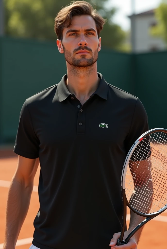 (photorealism:1.2), man with brown eyes and brown hair na quadra de tennis with babolat racket wearing a Lacoste polo shirt black with a super detailed ultra-realistic photorealistic 8k
