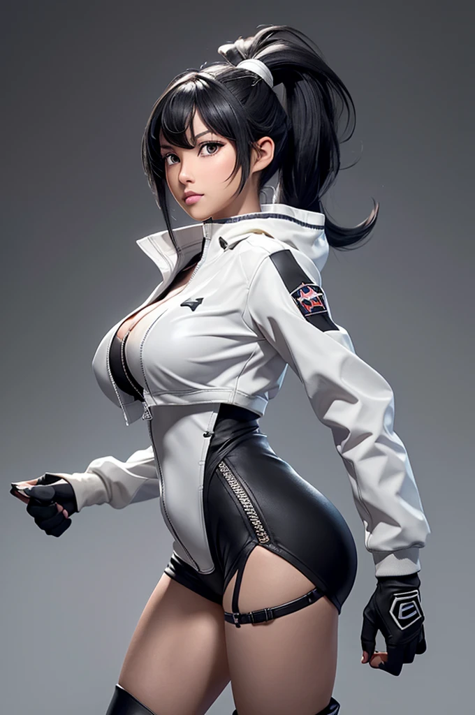 Eve, stellar blade, 8k,highres, 1girl, front lighting, simple background, gray background, looking at the viewer, jacket, bodysuit, black hair and dark black hair, fringe, hair tied in ponytail style, video game, heels, ps5, gloves, ass, boobs, honey colored eyes, white skin,

