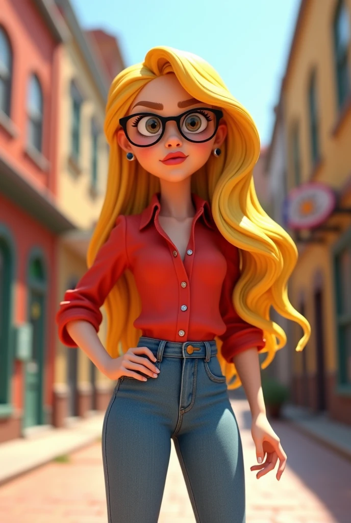 A character named micaella the flash, she wears a red blouse, jeans and long yellow hair with side bangs, and with round glasses and a face that looks like he's up to no good. In 3D and a Toon style. And less sexualized