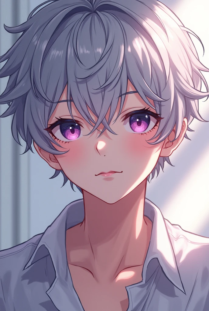 Anime, handsome youth, curly silver hair, mesmerising amethyst eyes, male idol