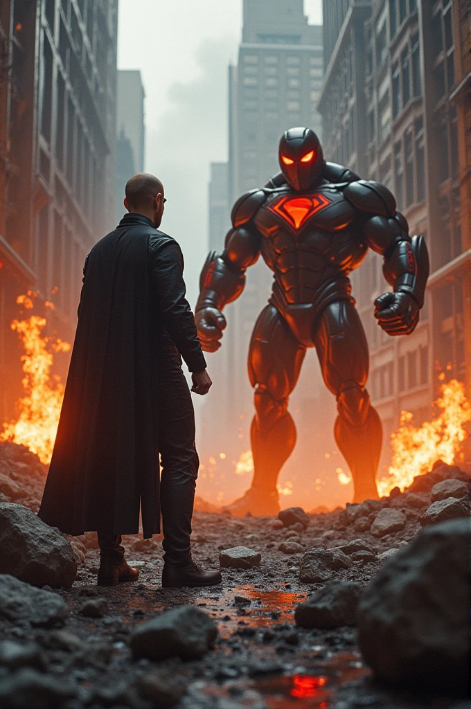 Homelander facing off against Omni-Man, in a ruin city which is mostly destroyed and on fire