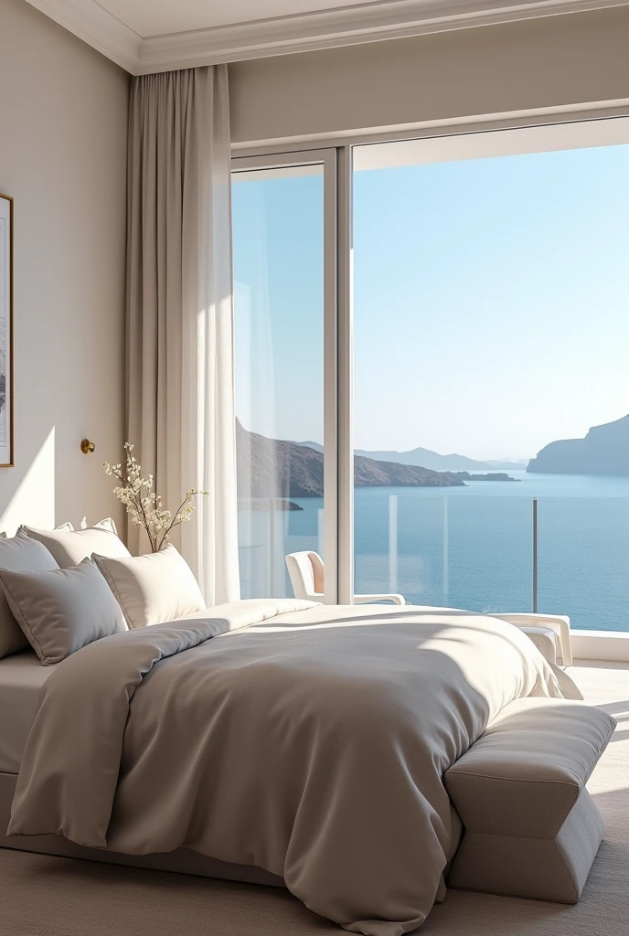 (masterpiece:1.2, best quality, Ultra-high resolution, Very detailed, Practical, RAW photos:1.2, Carefully crafted photos), 8K, wallpaper, (Ray Tracing), Santorini Villas, (Luxurious master bedroom with king-size bed, Luxurious bedding in neutral tones, Floor-to-ceiling windows leading to private balcony, Expansive sea views), A photo that captures the tranquil luxury of the master bedroom,Designed for ultimate relaxation, With the beautiful scenery of Santorini as the background.