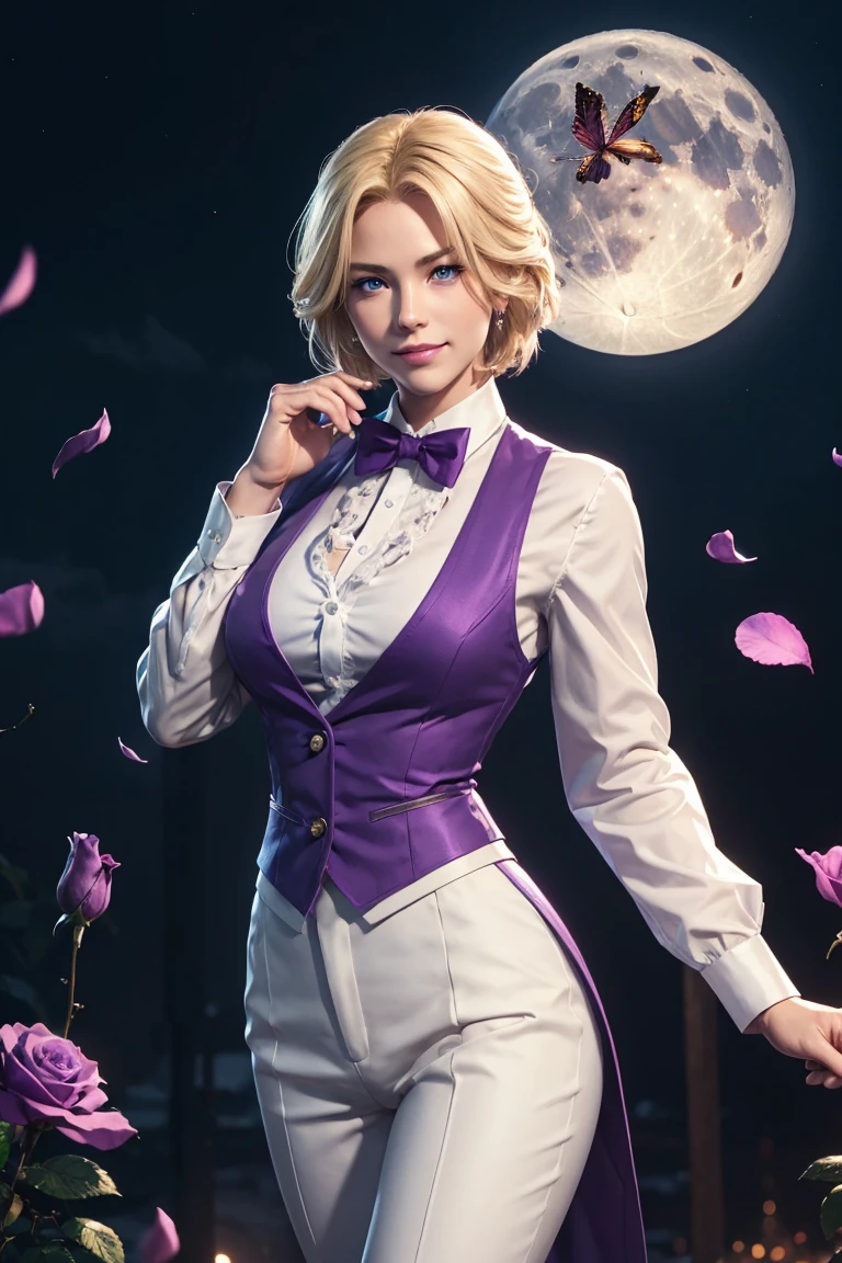 KOF,King of Fighters,King,Blue Eyes,Blonde Hair,Medium Hair,White long shirt,Purple vest,A bow tie,Beautiful white skin,Photorealistic,Ultra HD,high quality,masterpiece,Digital SLR,Detailed details,Intricate details,Anatomical basis,Depicted in detail,A detailed face,Realistic skin texture,Vivid details,Perfect Anatomy,Perfect Anatomy,Anatomically correct hand,Anatomically correct fingers,Super Detail,Complex 3D rendering,Sexy pose,Fantasy worldview,Beautiful Full Moon,,Beautiful night sky,Purple rose petals fluttering,Picturesque,Pink Lips,smile,