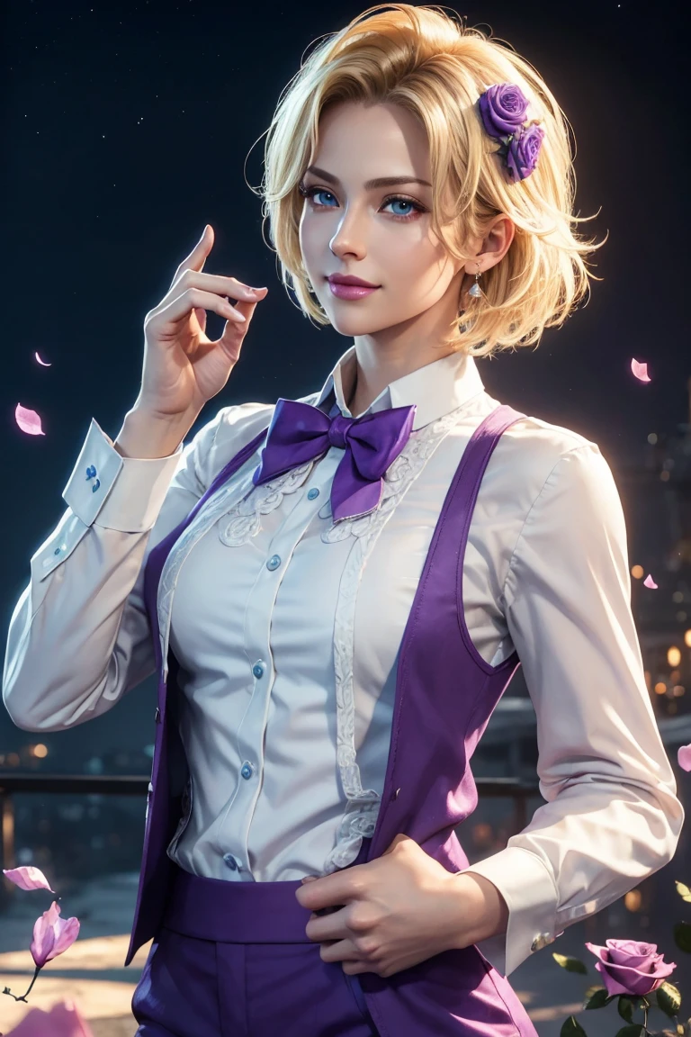 KOF,King of Fighters,King,Blue Eyes,Blonde Hair,Medium Hair,White long shirt,Purple vest,A bow tie,Beautiful white skin,Photorealistic,Ultra HD,high quality,masterpiece,Digital SLR,Detailed details,Intricate details,Anatomical basis,Depicted in detail,A detailed face,Realistic skin texture,Vivid details,Perfect Anatomy,Perfect Anatomy,Anatomically correct hand,Anatomically correct fingers,Super Detail,Complex 3D rendering,Sexy pose,Fantasy worldview,Beautiful Full Moon,,Beautiful night sky,Purple rose petals fluttering,Picturesque,Pink Lips,smile,