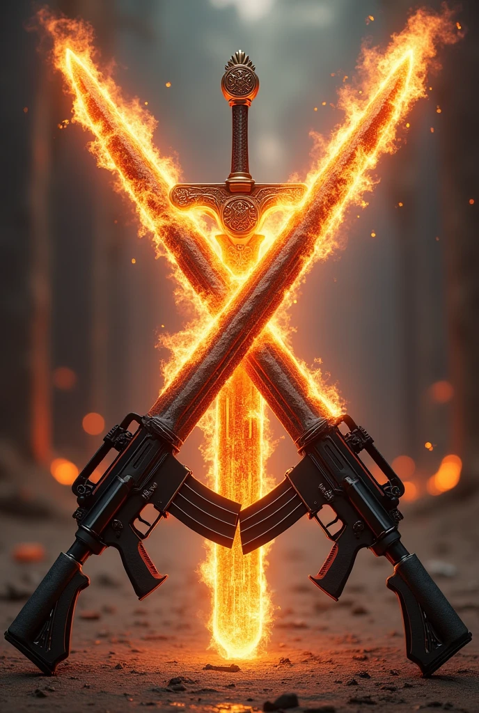  A flaming sword (excalibur) majestic forming an X with a (assault rifle) Rifle