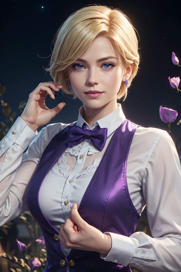 KOF,King of Fighters,King,Blue Eyes,Blonde Hair,Medium Hair,White long shirt,Purple vest,A bow tie,Beautiful white skin,Photorealistic,Ultra HD,high quality,masterpiece,Digital SLR,Detailed details,Intricate details,Anatomical basis,Depicted in detail,A detailed face,Realistic skin texture,Vivid details,Perfect Anatomy,Perfect Anatomy,Anatomically correct hand,Anatomically correct fingers,Super Detail,Complex 3D rendering,Sexy pose,Fantasy worldview,Beautiful Full Moon,,Beautiful night sky,Purple rose petals fluttering,Picturesque,Pink Lips,smile,