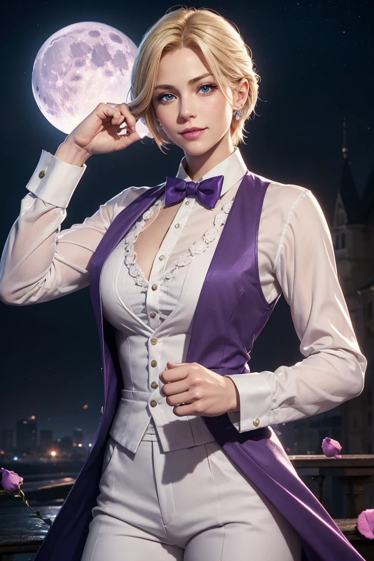 KOF,King of Fighters,King,Blue Eyes,Blonde Hair,Medium Hair,White long shirt,Purple vest,A bow tie,Beautiful white skin,Photorealistic,Ultra HD,high quality,masterpiece,Digital SLR,Detailed details,Intricate details,Anatomical basis,Depicted in detail,A detailed face,Realistic skin texture,Vivid details,Perfect Anatomy,Perfect Anatomy,Anatomically correct hand,Anatomically correct fingers,Super Detail,Complex 3D rendering,Sexy pose,Fantasy worldview,Beautiful Full Moon,,Beautiful night sky,Purple rose petals fluttering,Picturesque,Pink Lips,smile,