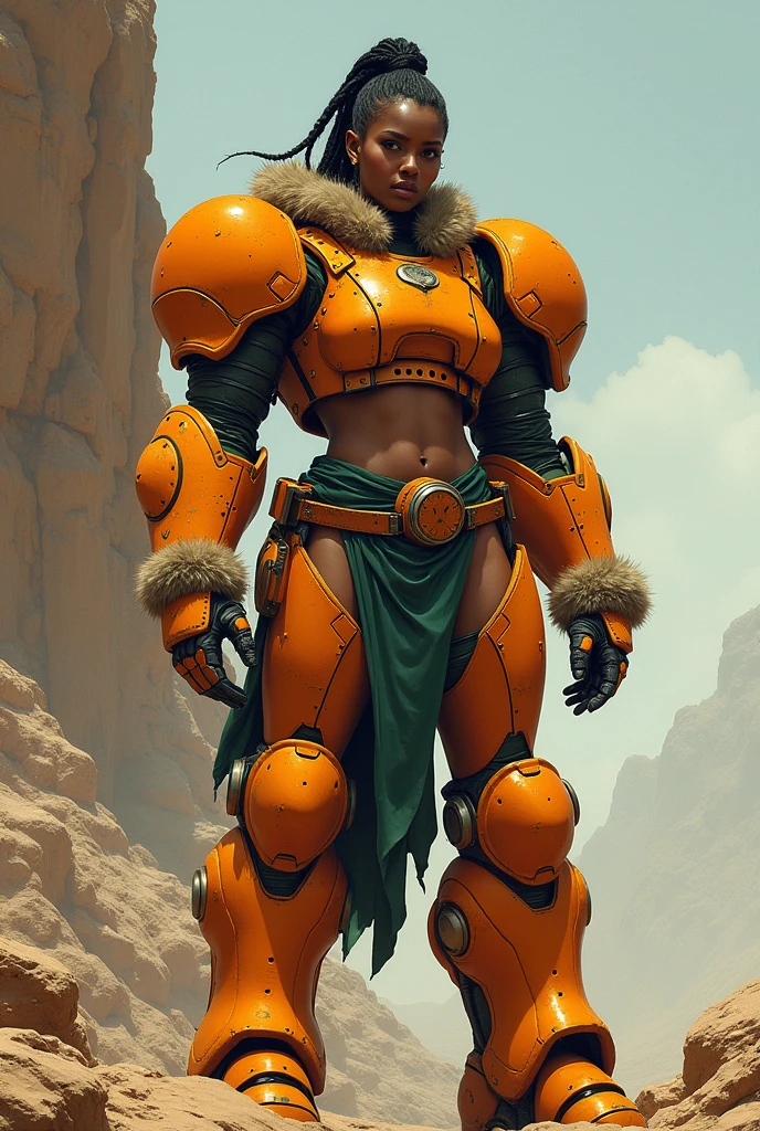in an dramatic comic book style depict an affrican woman in orange power armor covering her arms, shoulders and upper chest. The armor is a bold orange and very heavy looking, with bulky blocky features especialy over the chest, the shoulder pads of the armor or large and round. Under the armor is a dark green suit that covers her arms. the collar of the armor is high and fringed with fur. The gauntlets are bulky and robotic, and fringed with fur around the tops. Her midriff is bare and exposes her fit stomach. Around her waist is an old thick leather belt, covering her lower body is a ragged dark green loin cloth that leaves her hips and legs bare. Her upper legs are bare while on her lower legs she wears heavy orange armored boots, topped with fur. Her short black hair is in dreadlocks which are pulled back in a pony tail. The background is a rocky terrain with a barren mountain behind her.
