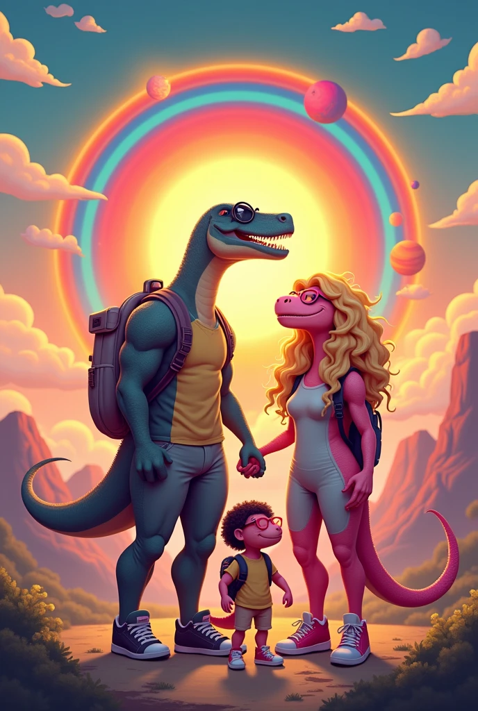 Tall muscular dinosaur father, Bblack hair, Wearing blue glasses, wearing sneakers, gray backpack. Tall beautiful pink dinosaur mother, long curly blonde hair, Wearing Pink Glasses, turned legs, wearing sneakers, black backpack. Light pink daughter dinosaur, Wearing Pink Glasses, Bblack hair cacheado longo em cima de patinete, wearing sneakers, pink backpack. Bright orange sun in the sky, very beautiful rainbow, medium moon and Jupiter. Monster truck car behind and trail landscape.
In this image there are 3 dinosaurs in total.