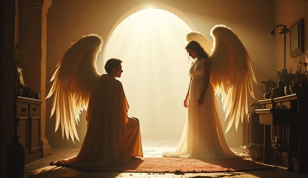Two angels in the spotlight, with majestic wings, talking to Lot in his house. The atmosphere is tense, with soft lighting that contrasts with the hustle and bustle outside.