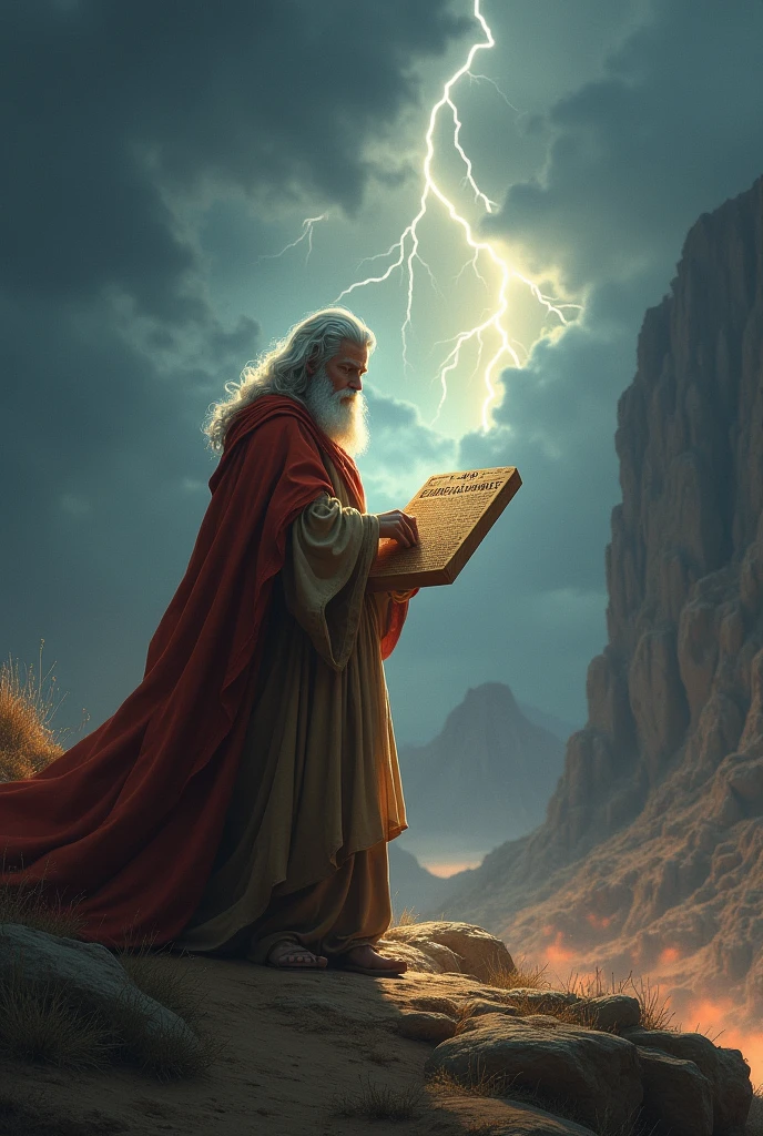 A dramatic scene high on a rocky mountain, with Moses in the spotlight. He is standing, with a long beard and white hair, wearing ancient robes, while holding two large stone tablets. The sky in the background is stormy, with dark clouds and lightning, suggesting a divine moment. Moses is engraving the Ten Commandments on the tablets, with an expression of reverence and concentration. ao redor, the landscape is arid and desolate, reinforcing the feeling of isolation and importance of the event."