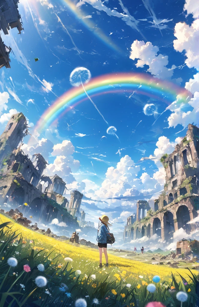 ((Amazingly absurd)),(masterpiece:1.2),超High resolution, Attention to detail, high quality, High resolution, 最high quality, 4K, 8k、so beautiful、landscape、landscape画、Endless blue sky、A rainbow appears、There is a group of ruins、Dandelion fluff flying,rainbow、Big planet in the sky,Blonde,Yellow Eyes,Upside-down cap,T-Shirts,Shorts,Denim jacket with pink accents