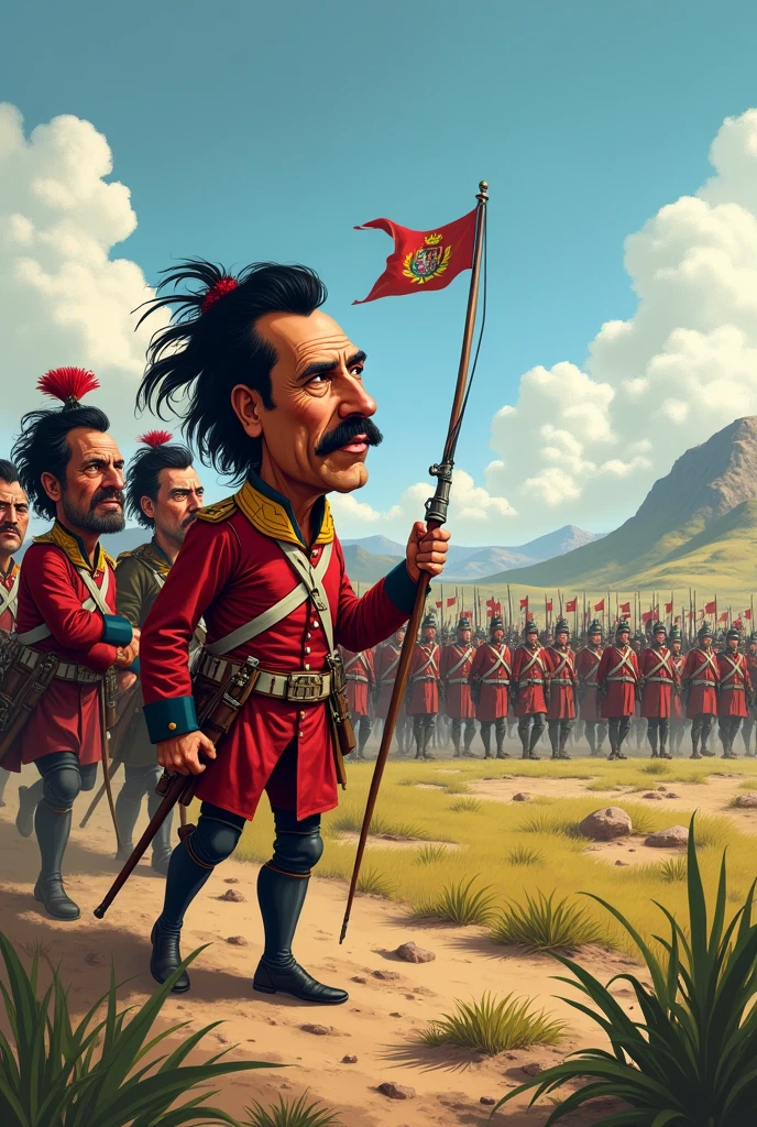 Draw Simon Bolivar and his men fighting in open field for the independence of Peru against Spain. that the image is caricatured with enlarged heads