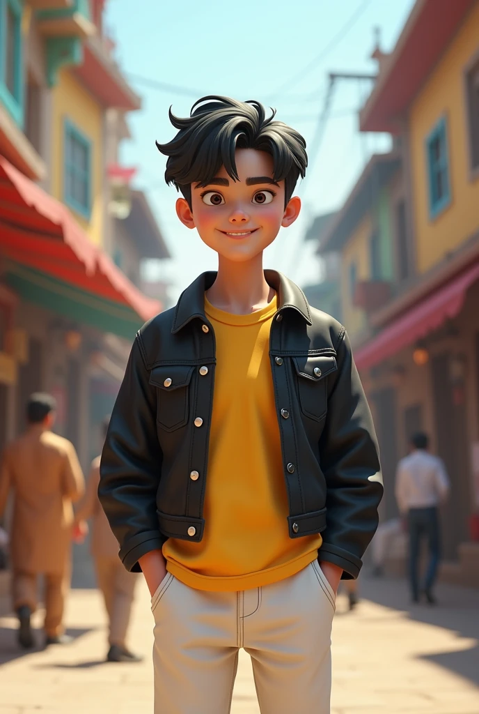 Cute Korean gangster boy wearing casual yellow shirt black jecket and white pant  and stand in Pakistani street 3d render 8k realistic 