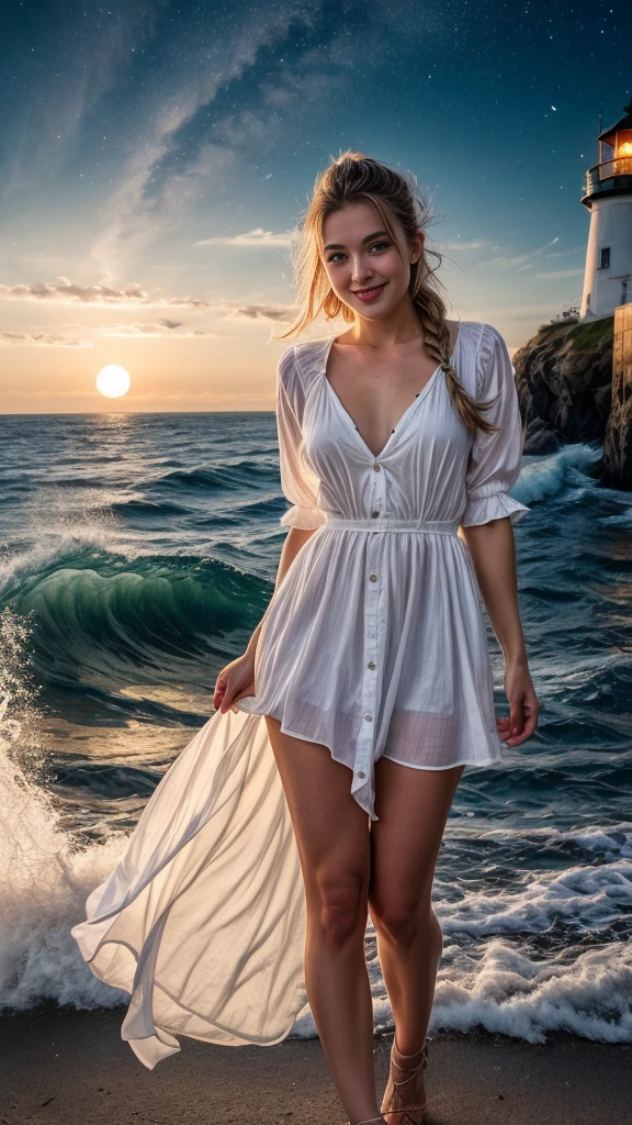 A beautiful European women, moon, night, smiling, full body, wearing Poplin dress. She is 24, has black braid and blue eyes. Her cloth is stylish and her overall appearance is stunning. The girl's face is extremely detailed with beautifully detailed lips. Her skin is anatomically correct with realistic textures. The image should have super high details and be of the best quality, with a resolution of 8K. The final result should be a masterpiece, showcasing the girl's beauty and the vibrant atmosphere of the Old lighthouse, huge waves in the sea and the night