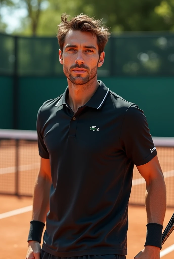 (photorealism:1.2), man with brown eyes and brown hair na quadra de  tennis with babolat racket wearing a Lacoste polo shirt black with a super detailed ultra-realistic photorealistic 8k 
