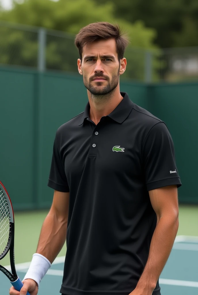 (photorealism:1.2), man with brown eyes and brown hair na quadra de tennis with babolat racket wearing a Lacoste polo shirt black with a super detailed ultra-realistic photorealistic 8k