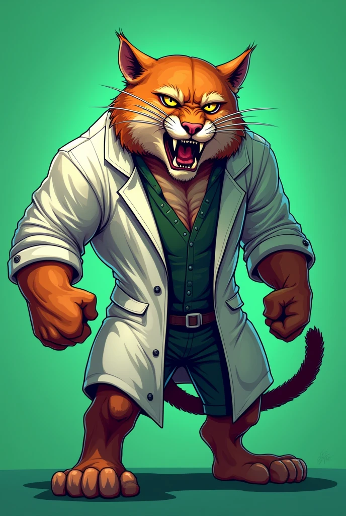 Unrealistic animation, angry and angry muscular puma drawing wearing a lab coat for university athletics with a green background