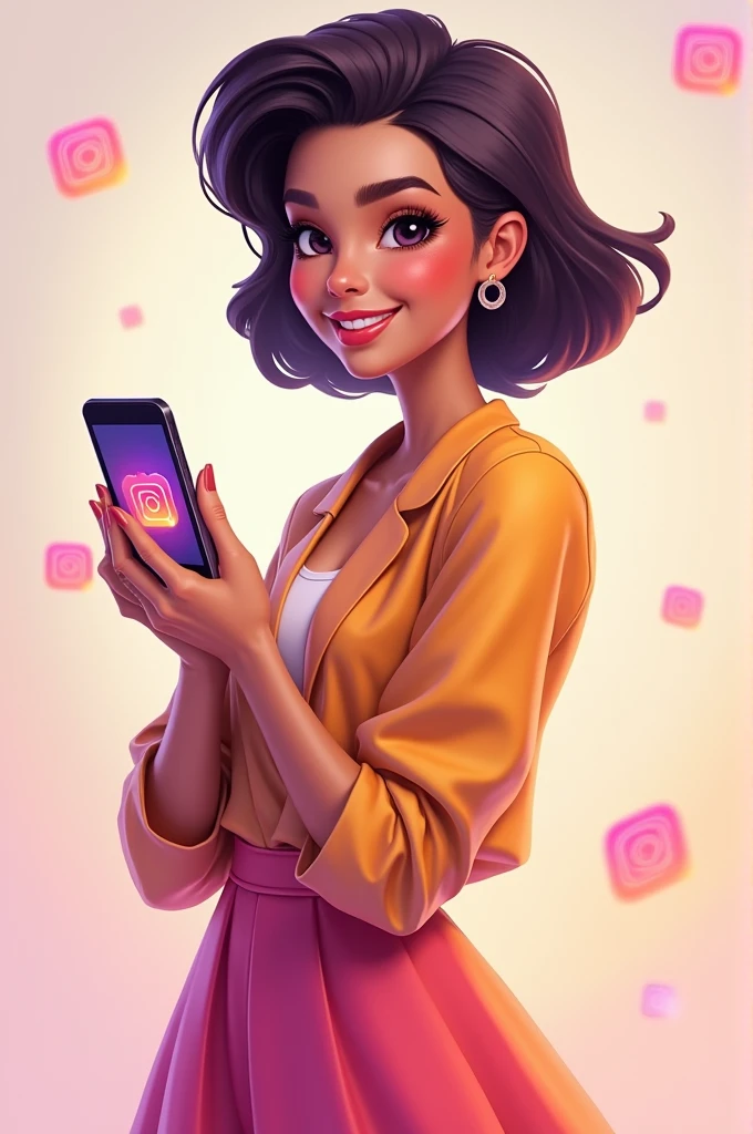 Create an anthropomorphized character representing Instagram as a cute, stylish adult woman. She should have a modern, fashionable appearance with a soft, elegant vibe. Incorporate the Instagram logo colors—purple, pink, orange, and yellow—into her outfit, perhaps as a flowing dress or chic ensemble. She should have a warm and inviting smile, with a confident yet approachable demeanor. Her hairstyle should be trendy, and she could be holding a smartphone with the Instagram interface visible. The background should be soft and pastel, with hints of photography-related elements like camera icons or subtle filters, emphasizing her connection to social media and creativity."