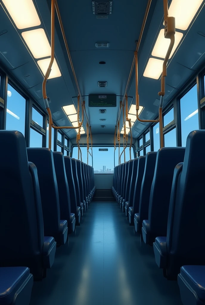 A realistic interior scene of an empty modern Japanese bus. The seats are clean and neatly arranged, with subtle lighting that reflects the typical ambiance of a bus. In thd midnight.The perspective should capture the length of the aisle, showing the orderly layout of the seating. Avoid cartoonish, anime style, illustration, drawing, 2D art, and cell-shaded looks.