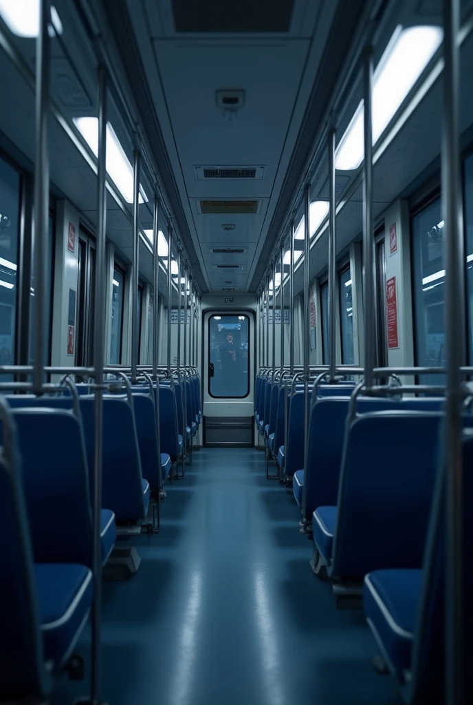 A realistic interior scene of an empty modern Japanese bus. The seats are clean and neatly arranged, with subtle lighting that reflects the typical ambiance of a bus. In thd midnight.The perspective should capture the length of the aisle, showing the orderly layout of the seating. Avoid cartoonish, anime style, illustration, drawing, 2D art, and cell-shaded looks.