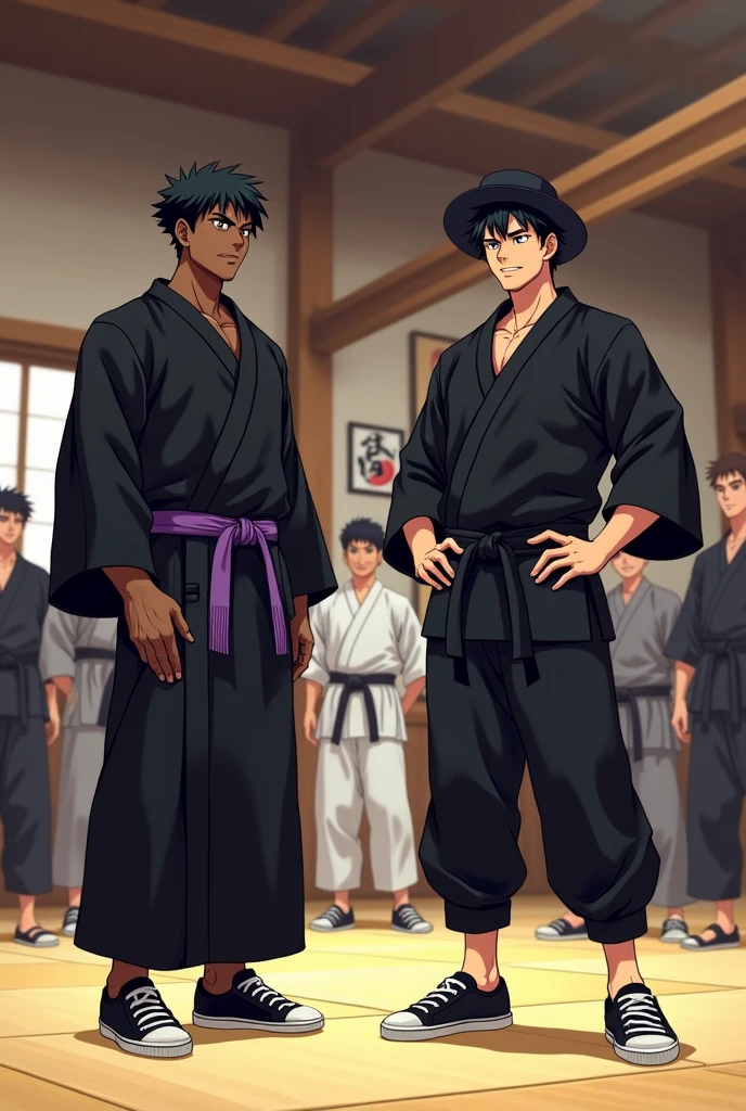 Create an image of 10 anime style friends, in the background there is a karate dojo.

The first, he is wearing a black kimono and his arms have veins, he is dark-skinned.
he has black hair and he has a purple belt tied around his waist, he has a confident face, but without smiling. He&#39;s wearing black sneakers.

the second, wears black clothes, is wearing a sweatshirt and black pants, and shoes too. is wearing a black hat. and his mouth has a slight smile. and his eyes shine white. your hair is black.



