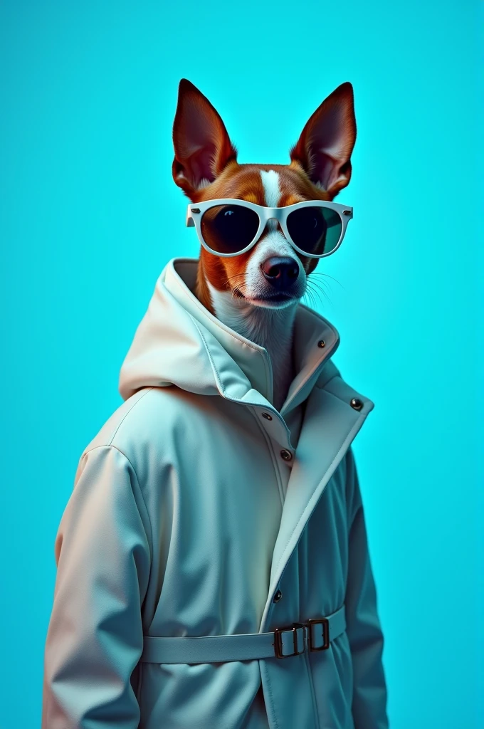 The best cell phone wallpaper, Award-Winning Wallpaper, portrait photography, In the front view is a portrait of a cute dog wearing mid-1960s space age fashion, Side view photo, Shot with Canon EOS R5, Set a strong contrast that accentuates the subject, Fluorescent blue tone, Wearing a very modern coat and sunglasses is a modern 1960s style, Clothes all in one color, beautiful background