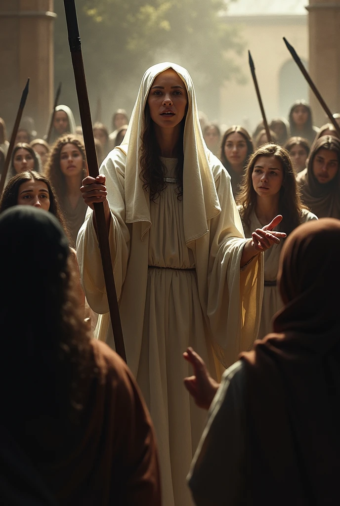 Draw me a picture of a woman preaching the word of God with her face covered to other people while being threatened with weapons
